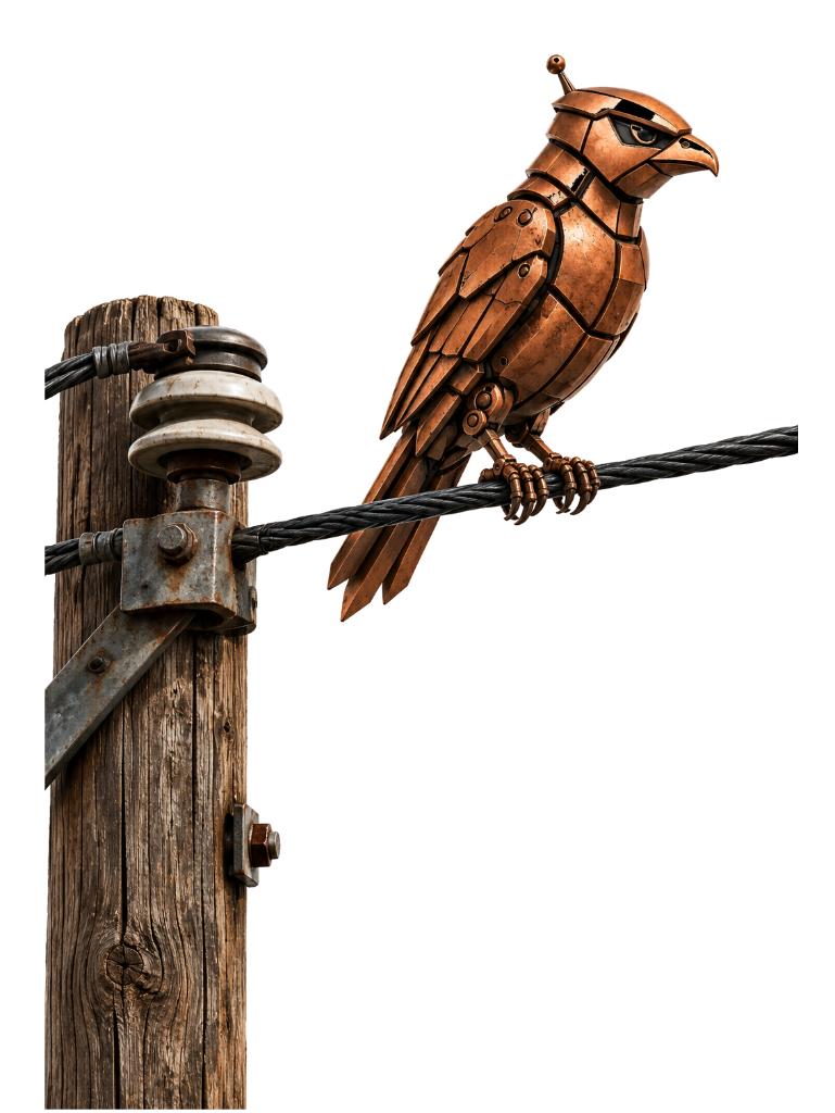 Copper Starter Birds robot bird perched on a wire
