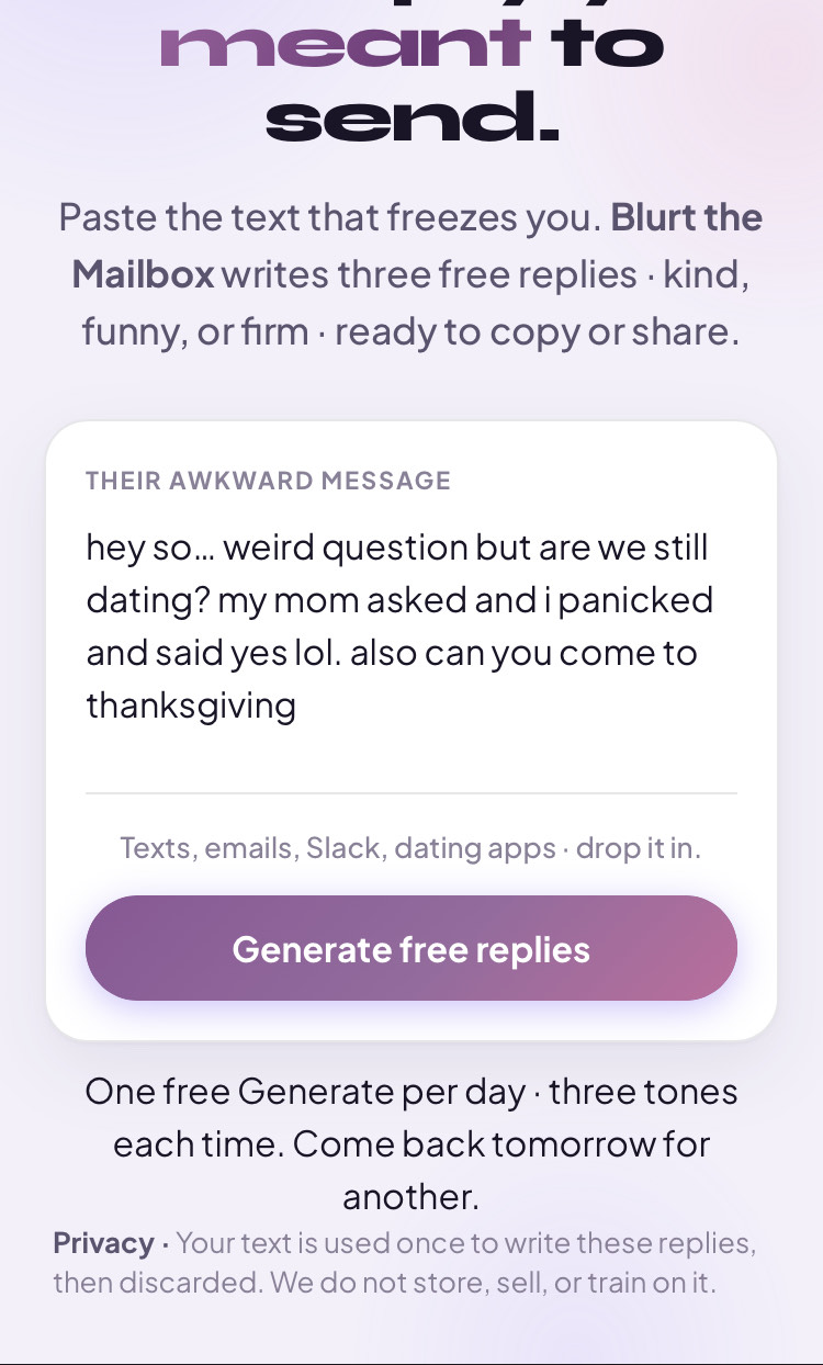 AwkwardReply composer with an awkward message pasted