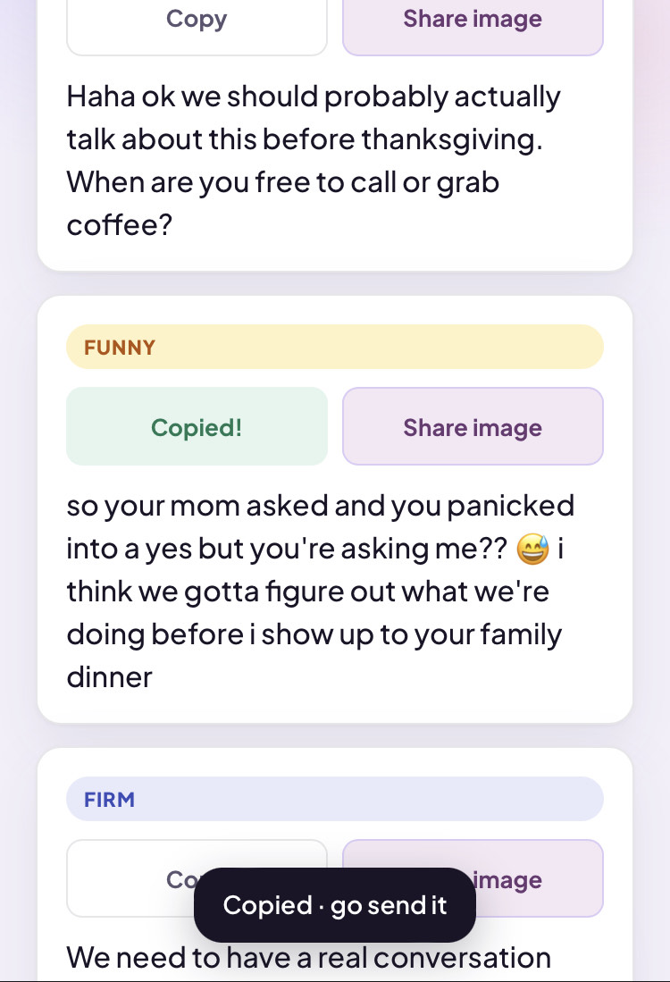 Copy button confirming a reply was copied