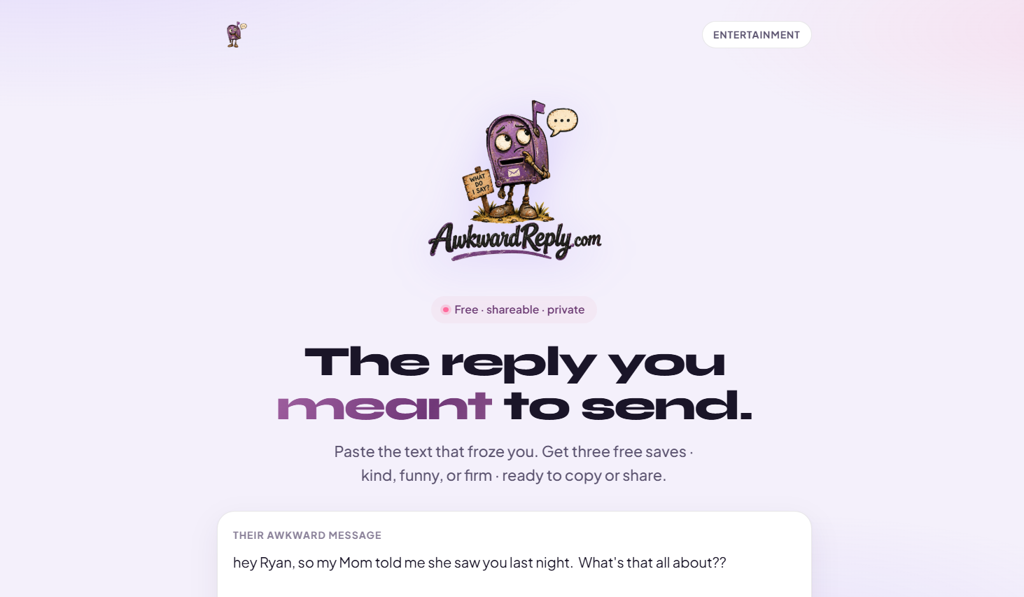 Screenshot of awkwardreply.com home hero and composer