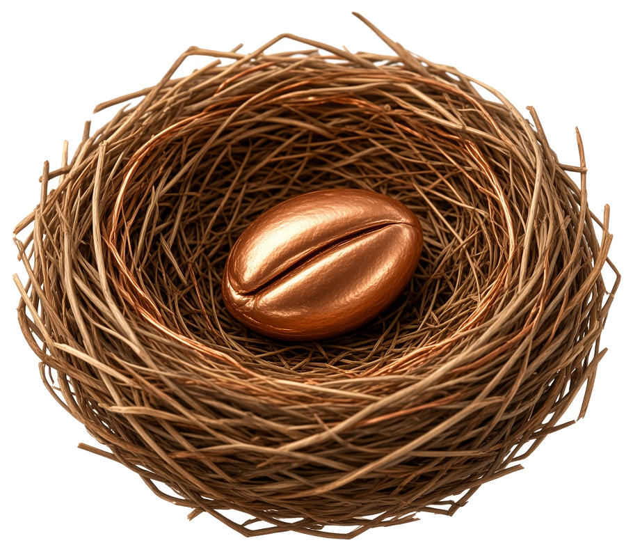 A polished copper seed resting in a woven nest