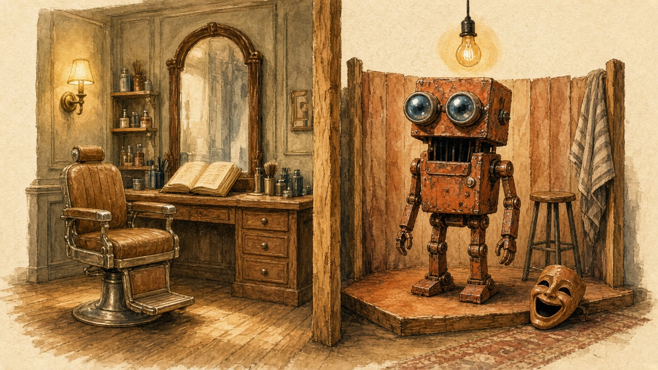 Two stalls on one midway. A calm barber chair and a book on the left. A rusty comedy robot under a warm bulb on the right.