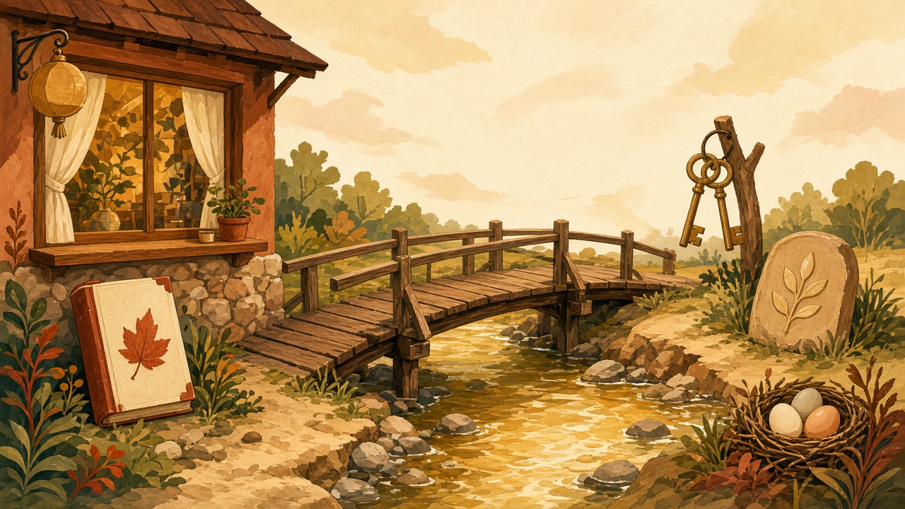 A wooden footbridge over a gold creek. One bank is a Tuesday shop. The other is keys, a name plaque, and a nest.