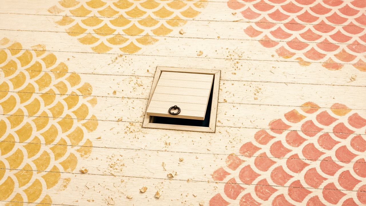 Cheerful cream floorboards painted in gold and coral scallops. A square trap door is hinged open, ring pull on the lid.