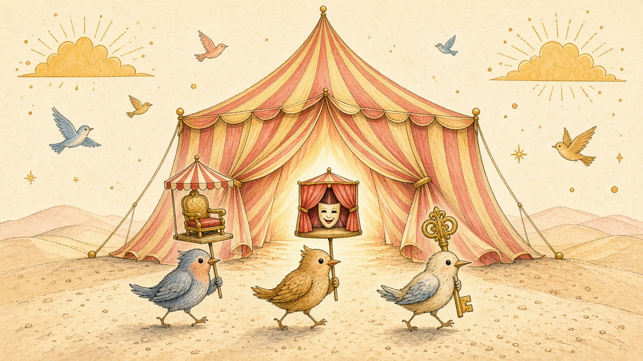 A pale gold and coral tent opens onto sunlight. Small birds carry a chair, a stage, and a key into the light.