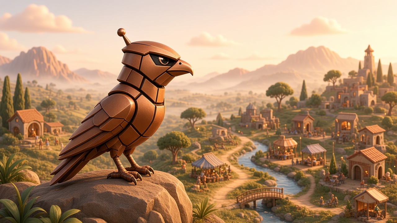 A copper mechanical Starter Bird stands on a high rock at dawn, looking over a valley of small workshops, gardens, a footbridge, and a winding path.