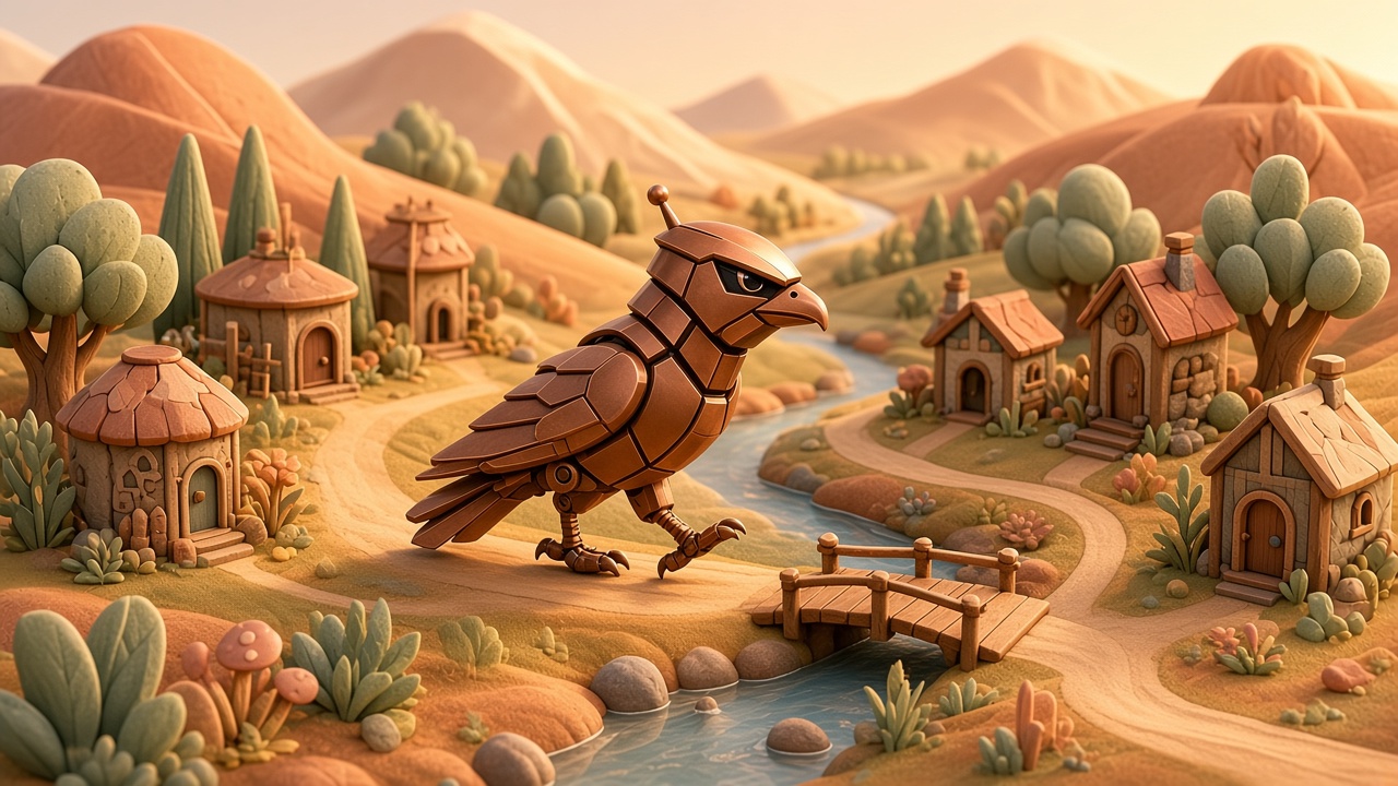 A copper mechanical Starter Bird walks a winding path through a valley of tiny independent shops toward a wooden footbridge at dawn.