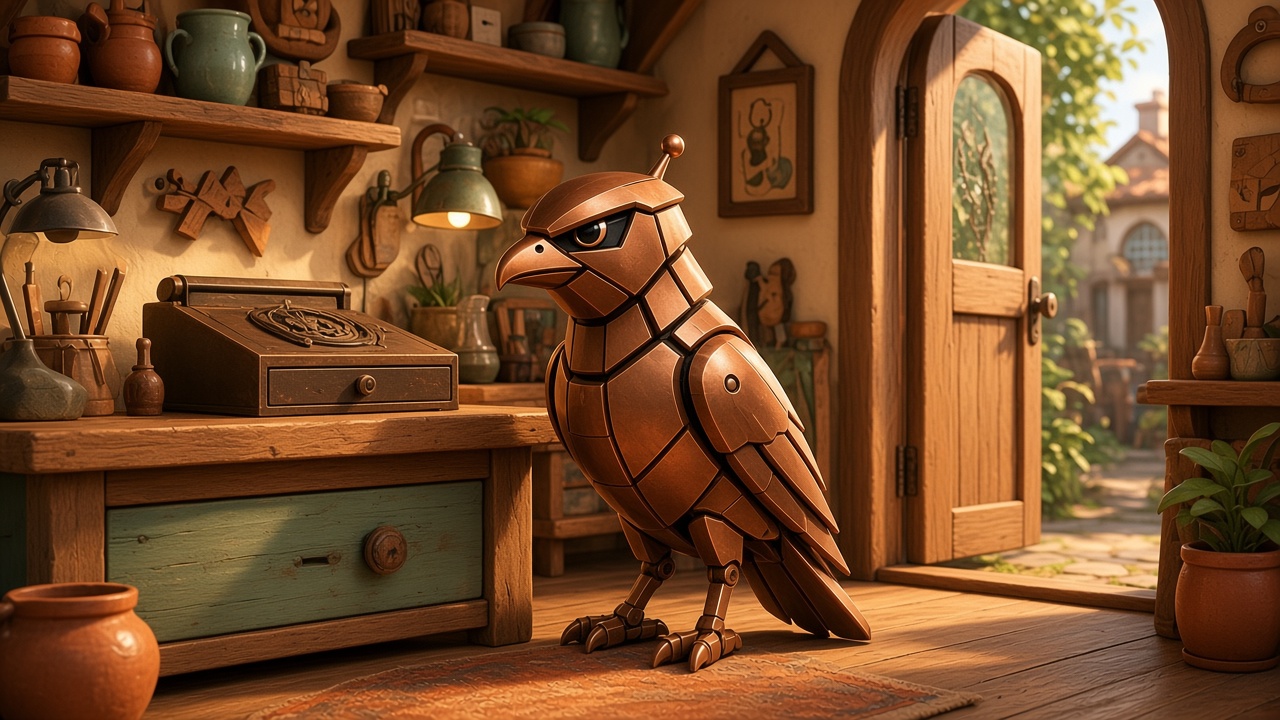 A copper mechanical Starter Bird stands in a warm workshop beside a wooden counter and an old cash drawer, with the side door open to a garden street.