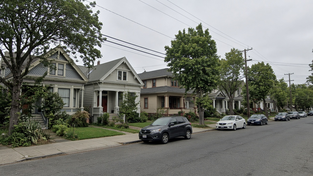Quiet Petaluma residential street with Victorian and Craftsman homes