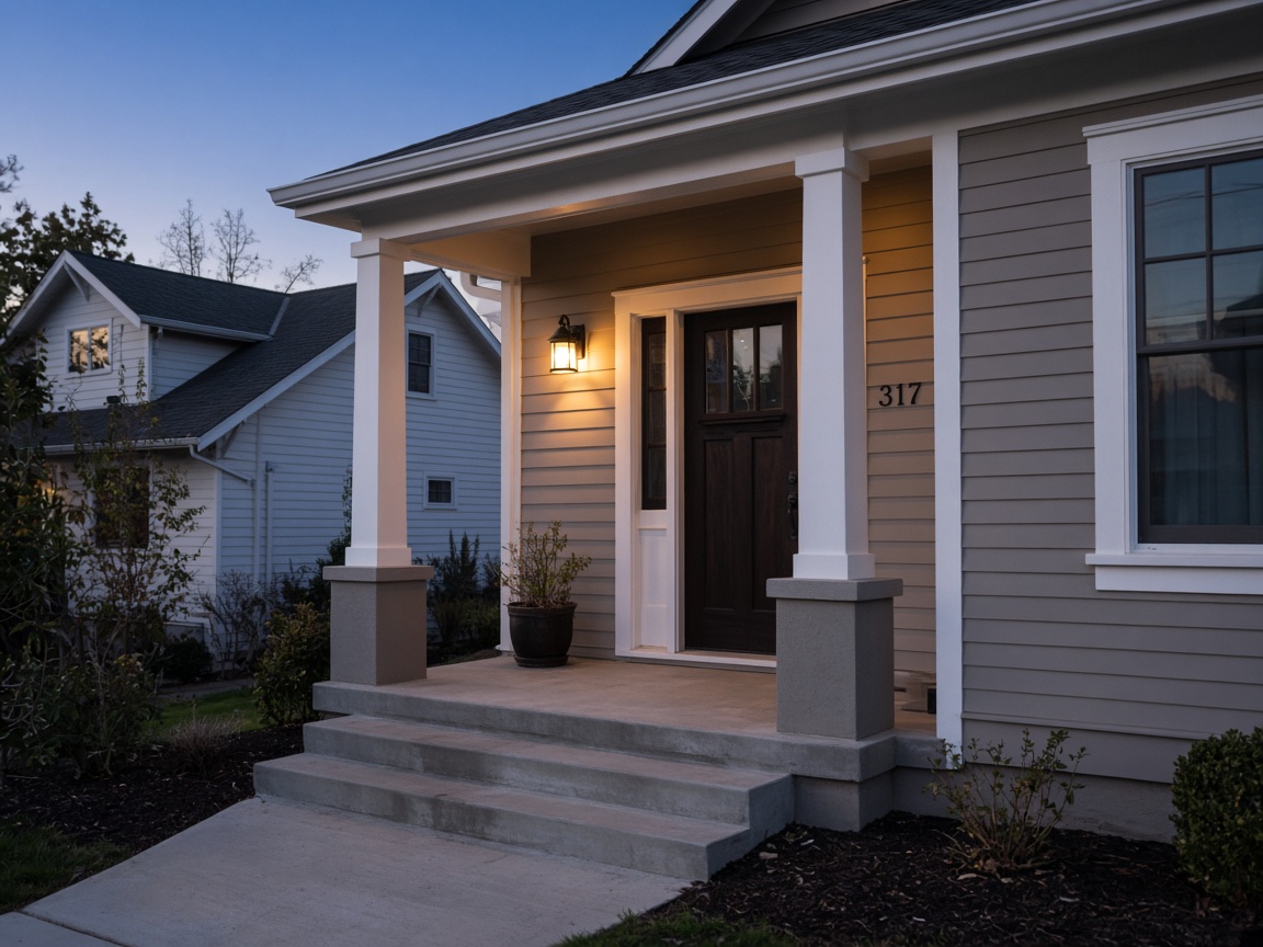 Warm porch light on a Petaluma farmhouse at dusk