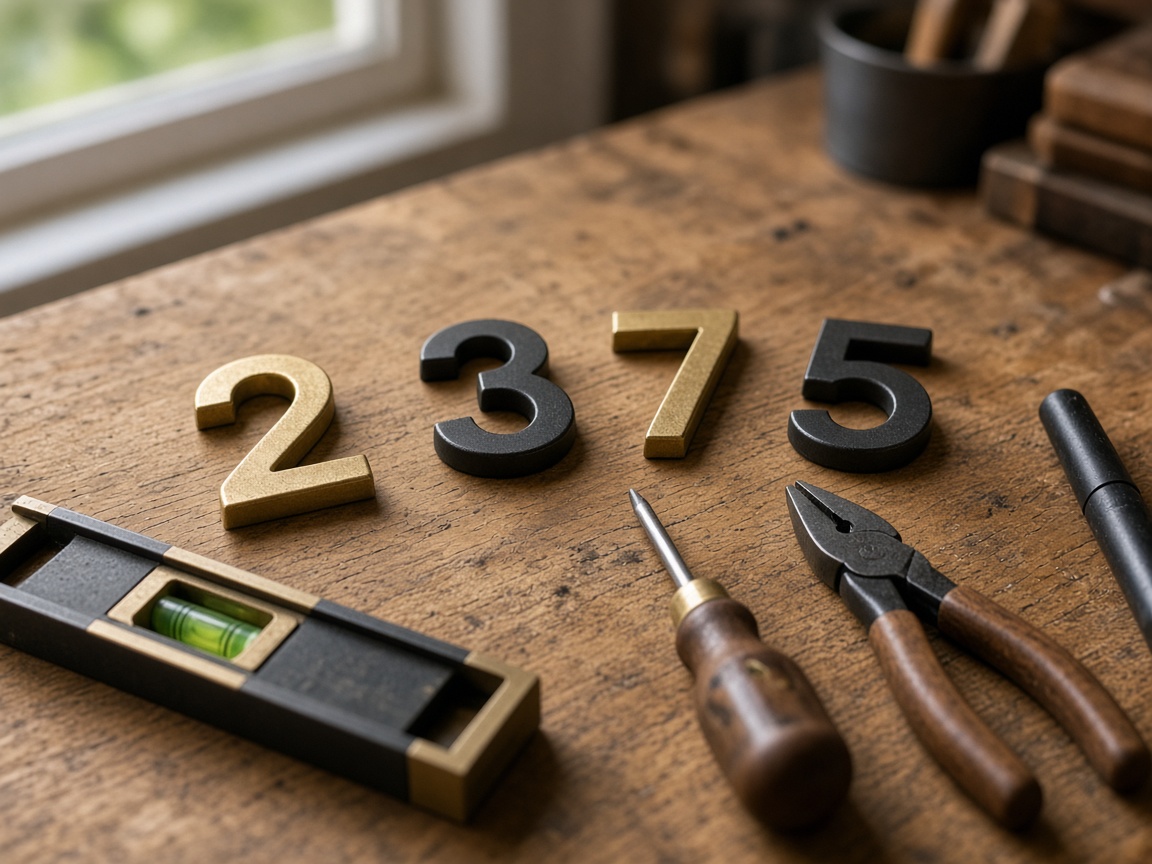 Brass and black house numbers on a workbench with a level